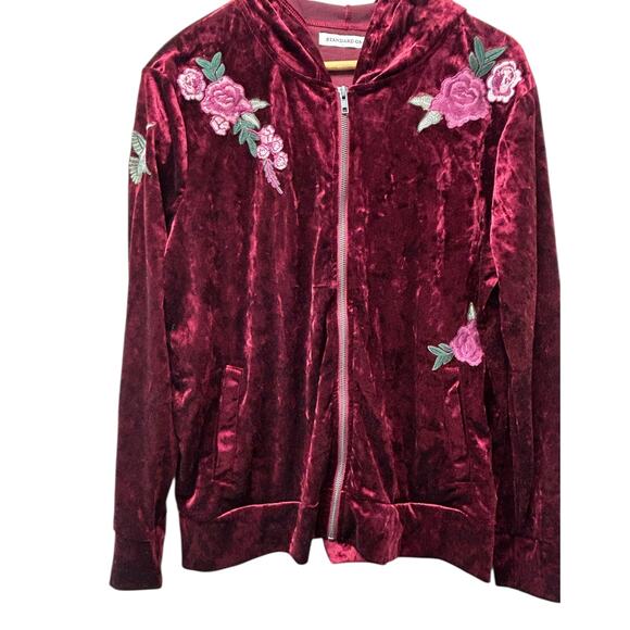 Standard Grace Crushed Velvet Hoodie XL Burgundy Floral Embroidered Zip‎ Jacket - Picture 6 of 7
